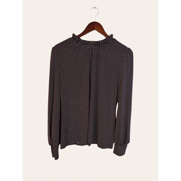 Adrianna Papell Long Sleeve Polka Dot Black White Smocked Ruffle Neck Top M - Picture 3 of 9